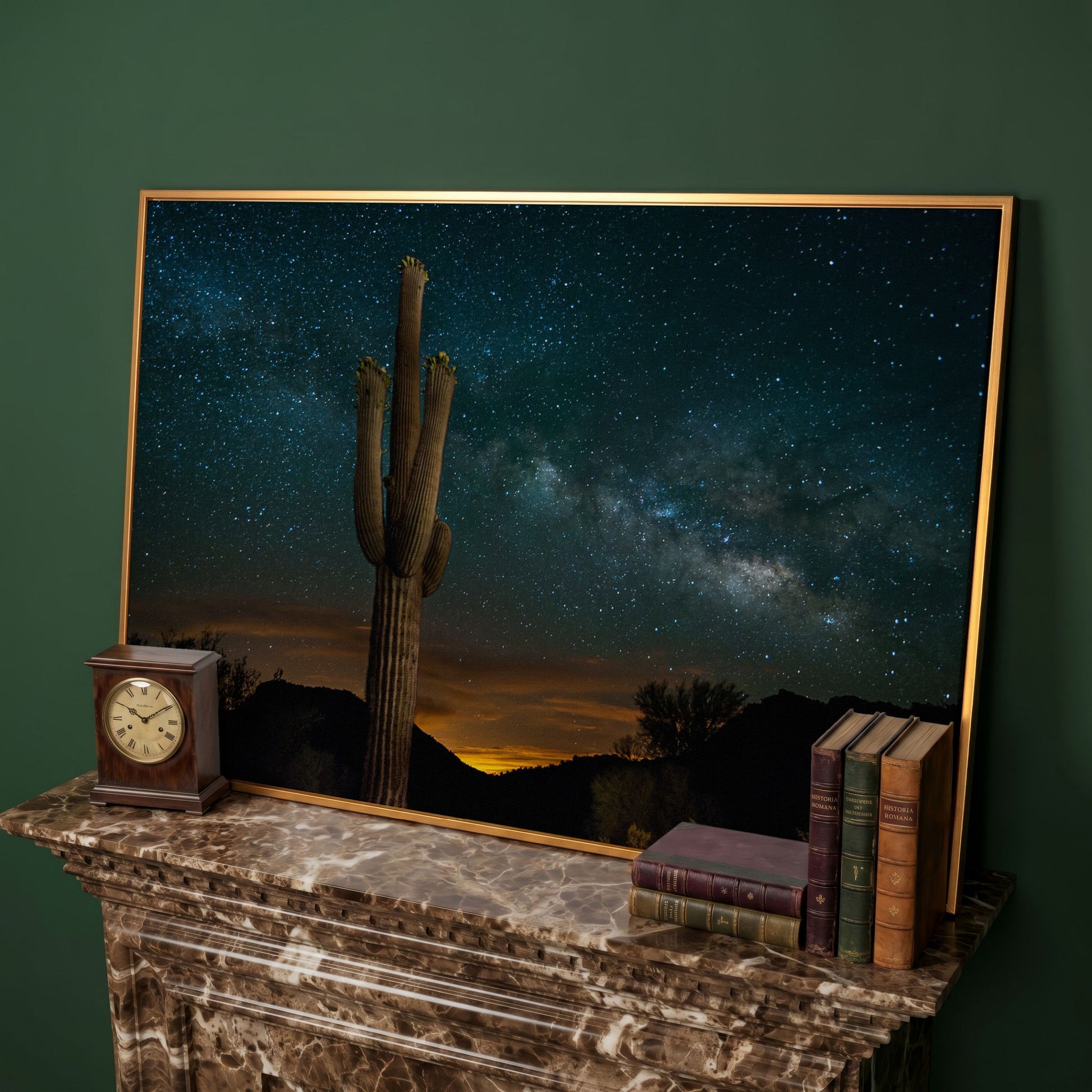 Saguaro and the Milky Way: Desert Night Sky Canvas Art in antique gold floating frame