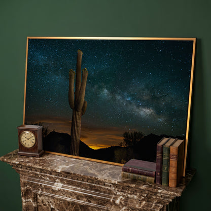 Saguaro and the Milky Way: Desert Night Sky Canvas Art in antique gold floating frame