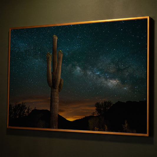 Saguaro and the Milky Way: Desert Night Sky Canvas Art shown in antique gold floating frame