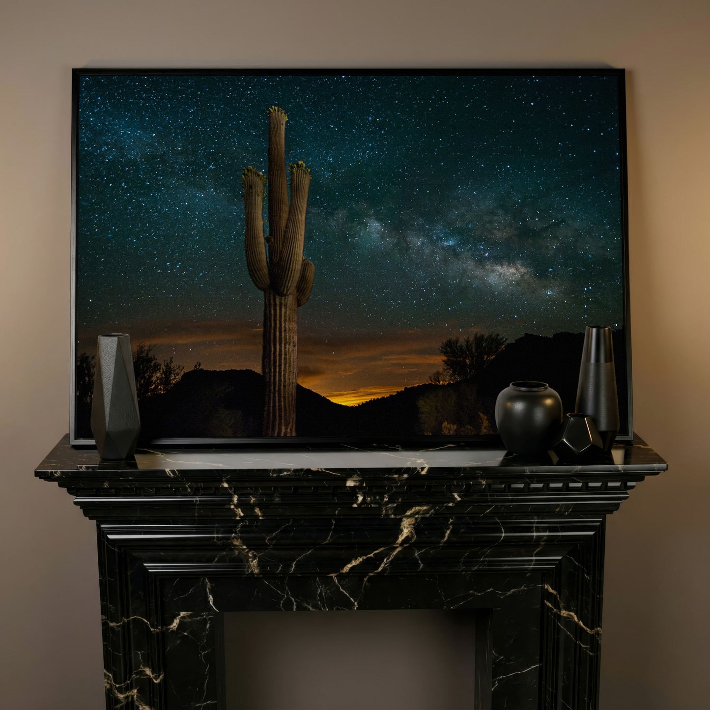 Saguaro and the Milky Way: Desert Night Sky Canvas Art in black floating frame