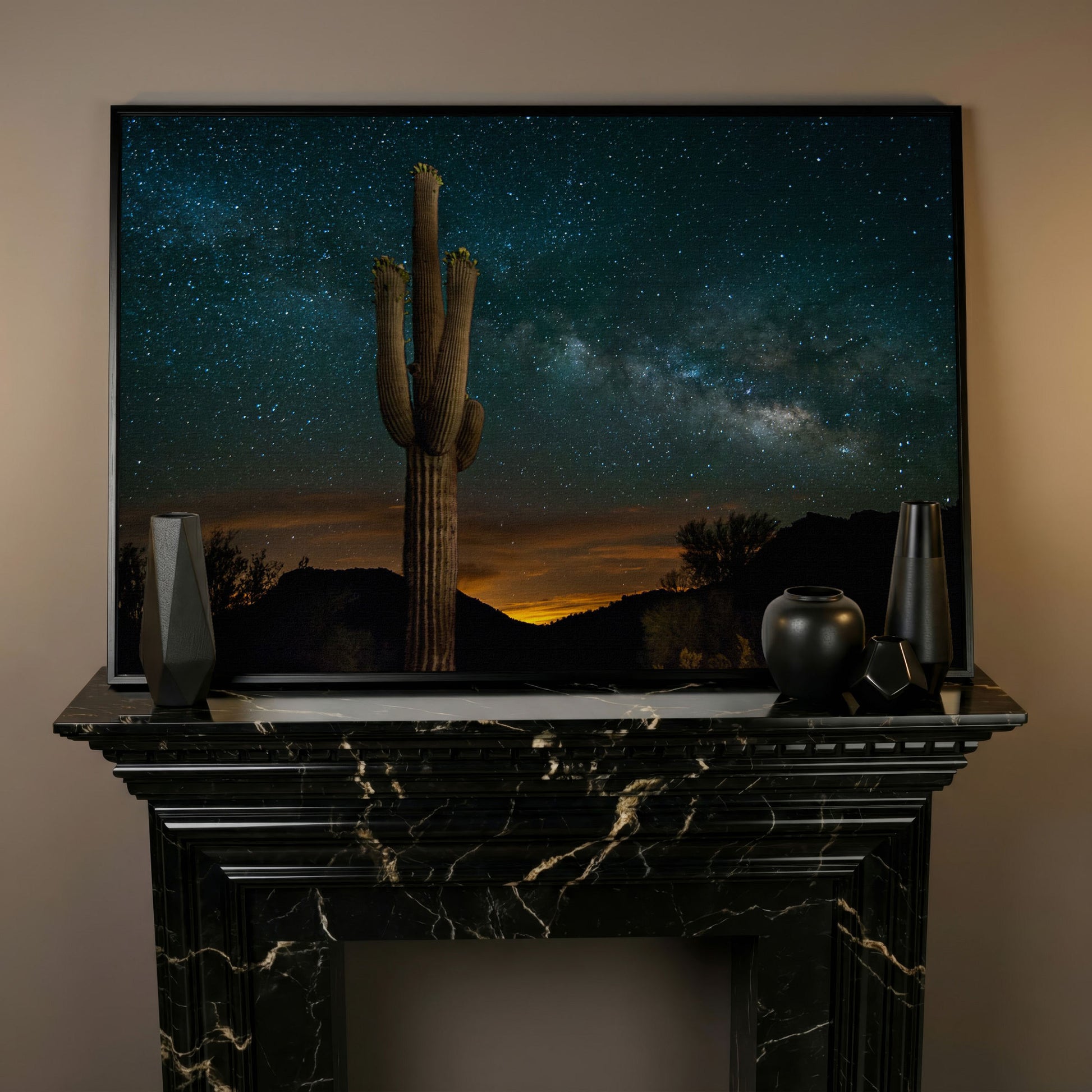 Saguaro and the Milky Way: Desert Night Sky Canvas Art in black floating frame