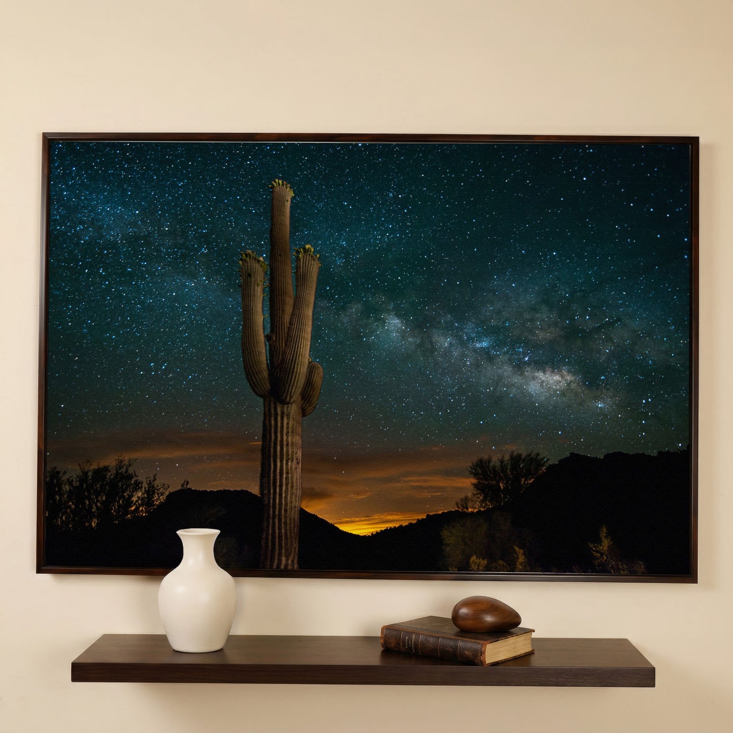 Saguaro and the Milky Way: Desert Night Sky Canvas Art in dark walnut floating frame