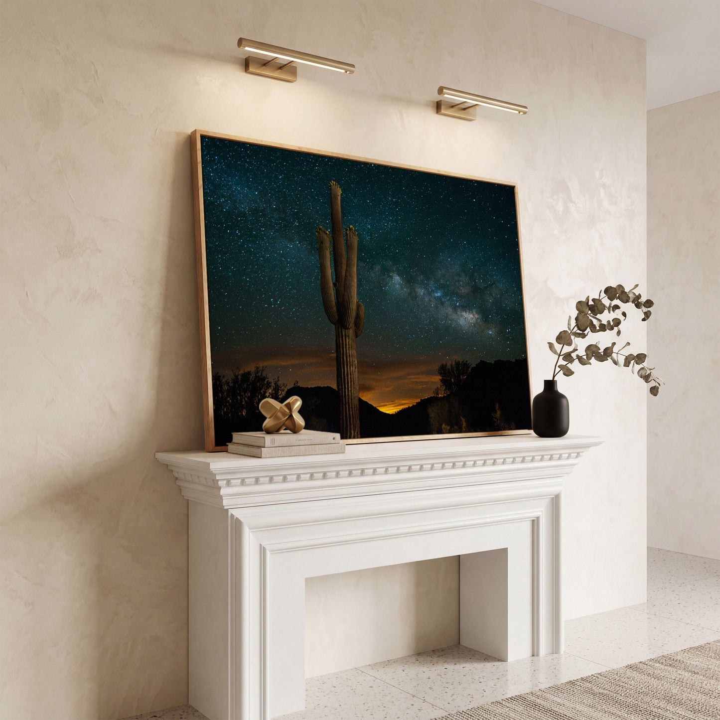 Saguaro and the Milky Way: Desert Night Sky Canvas Art in white oak floating frame