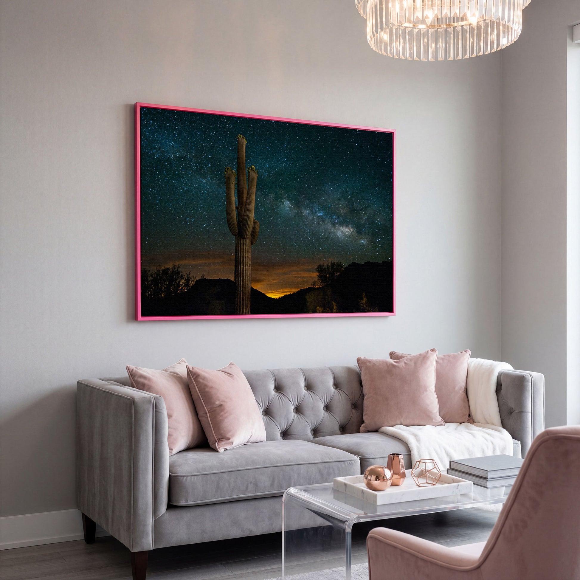 Saguaro and the Milky Way: Desert Night Sky Canvas Art in pink floating frame