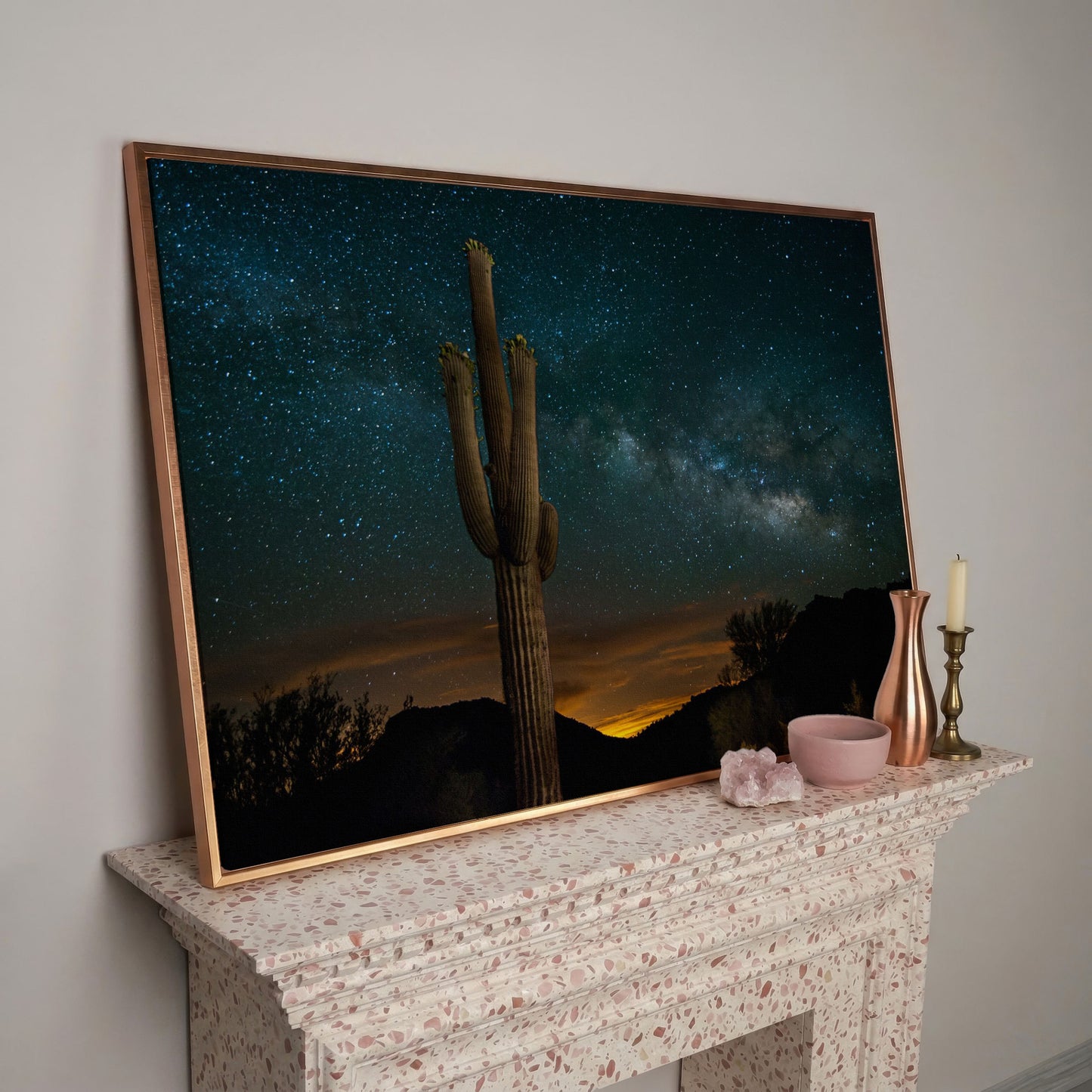 Saguaro and the Milky Way: Desert Night Sky Canvas Art in rose gold floating frame