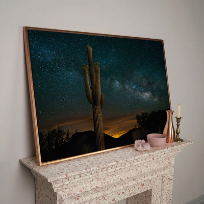 Saguaro and the Milky Way: Desert Night Sky Canvas Art in rose gold floating frame