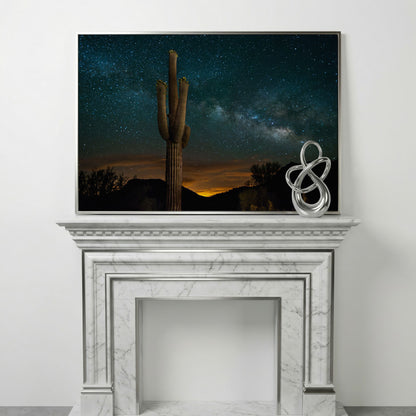 Saguaro and the Milky Way: Desert Night Sky Canvas Art in silver floating frame