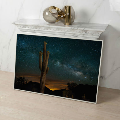 Saguaro and the Milky Way: Desert Night Sky Canvas Art in white floating frame