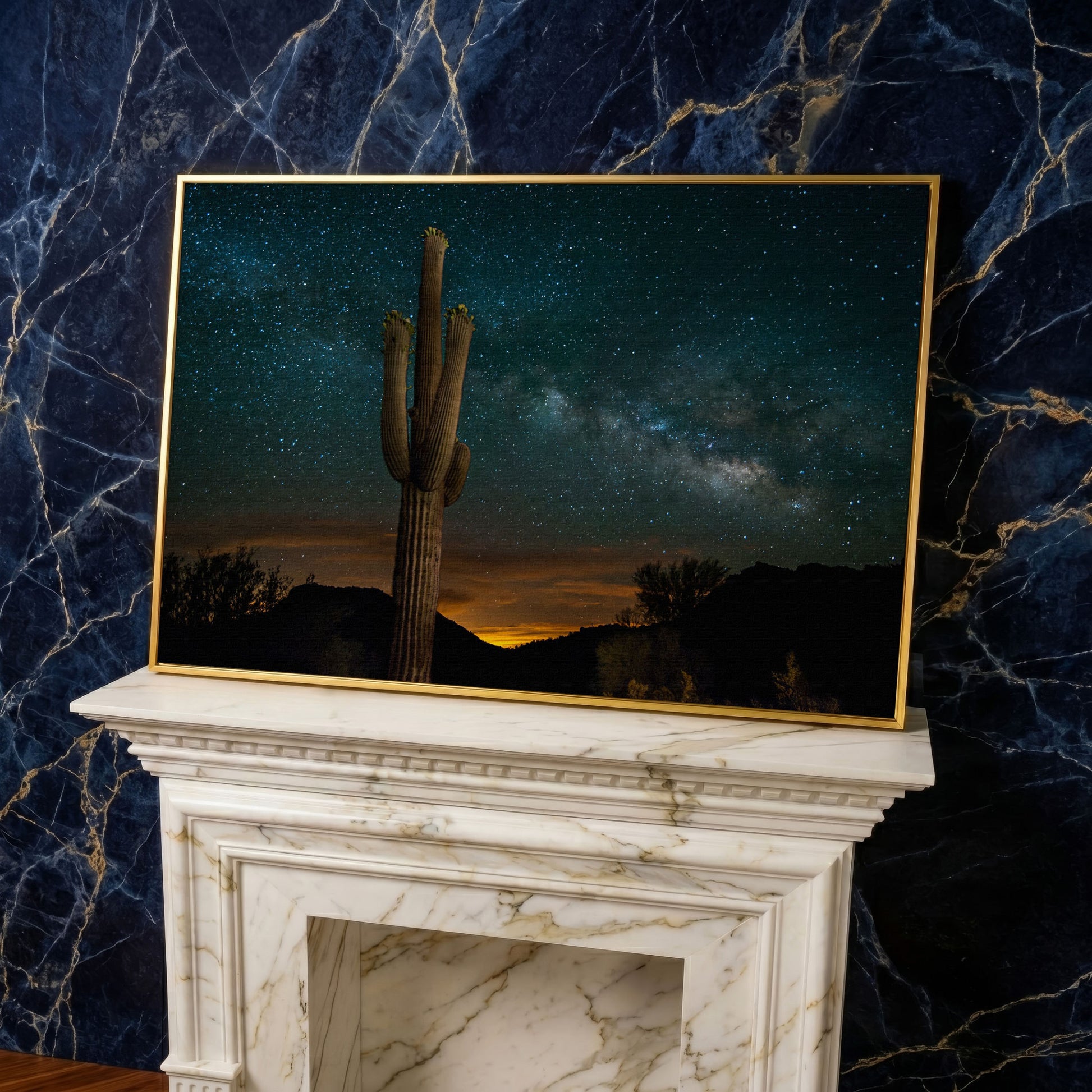 Saguaro and the Milky Way: Desert Night Sky Canvas Art in yellow gold floating frame