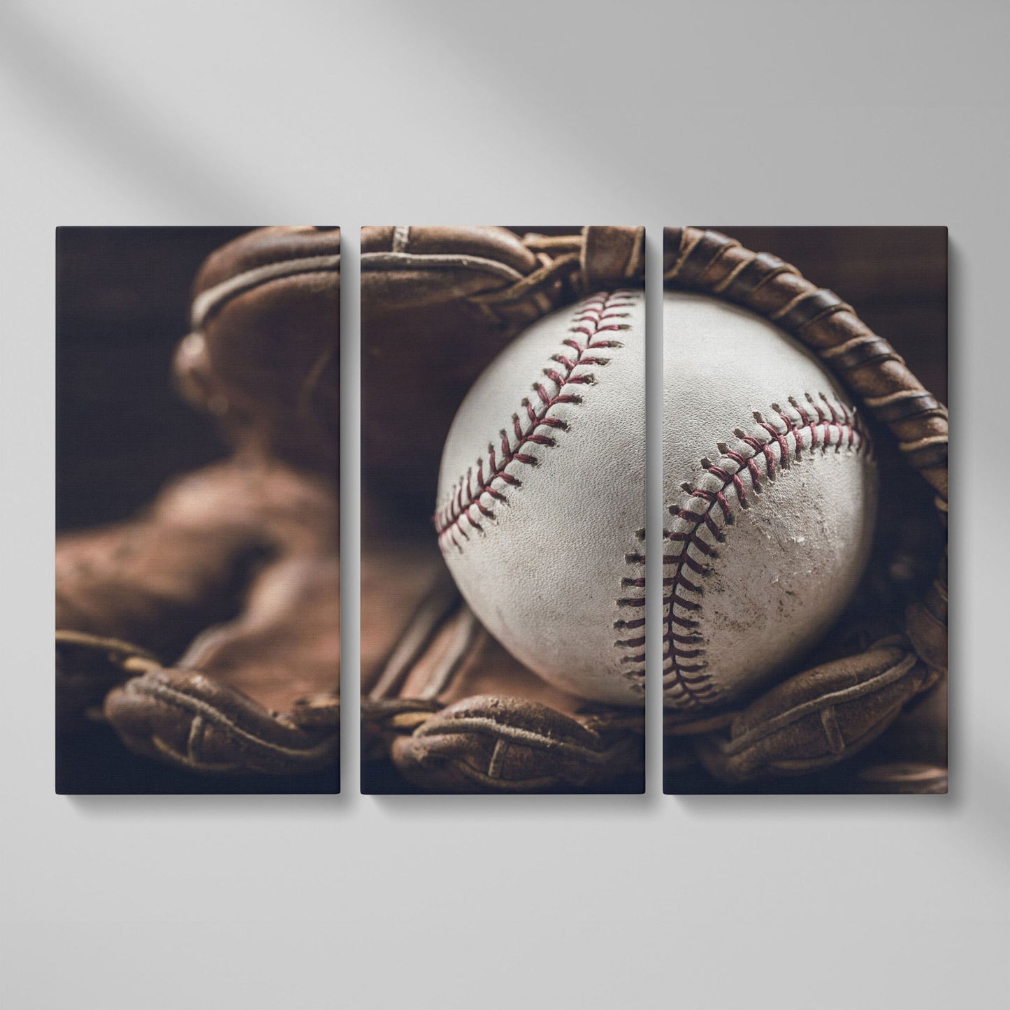 Baseball Glove Close-Up Canvas Wall Art for Sports Rooms as 3-panel split version