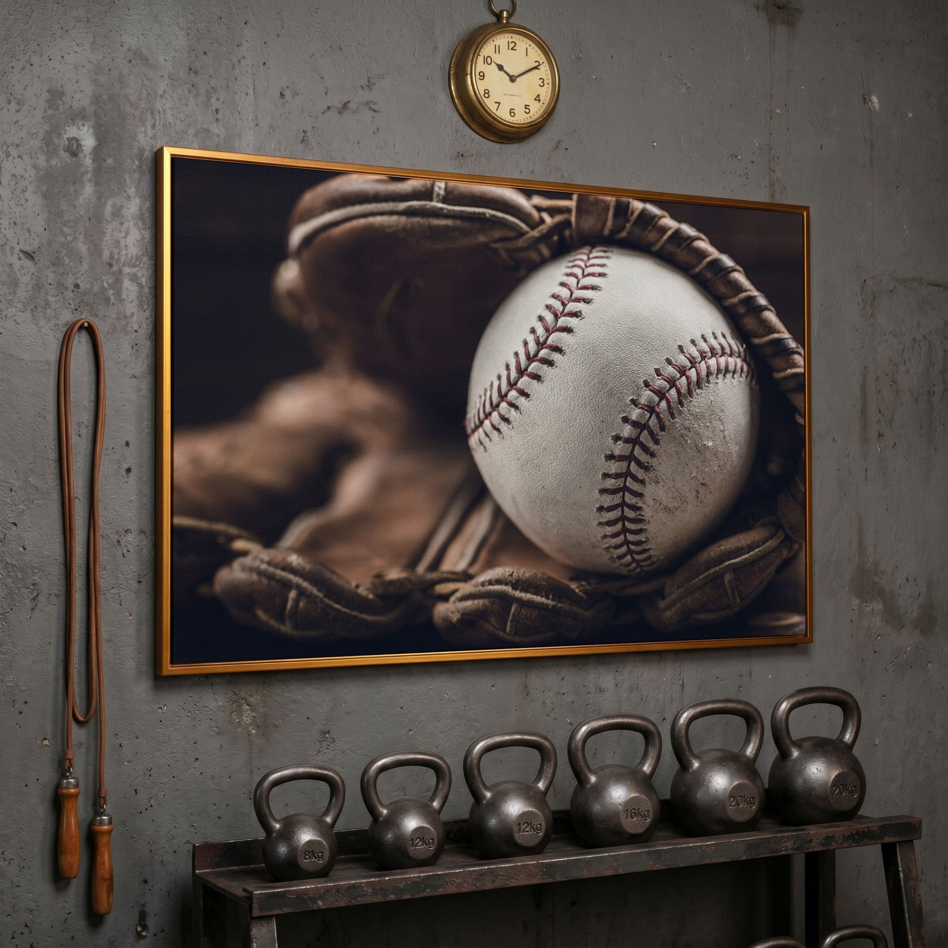 Baseball Glove Close-Up Canvas Wall Art for Sports Rooms in antique gold floating frame