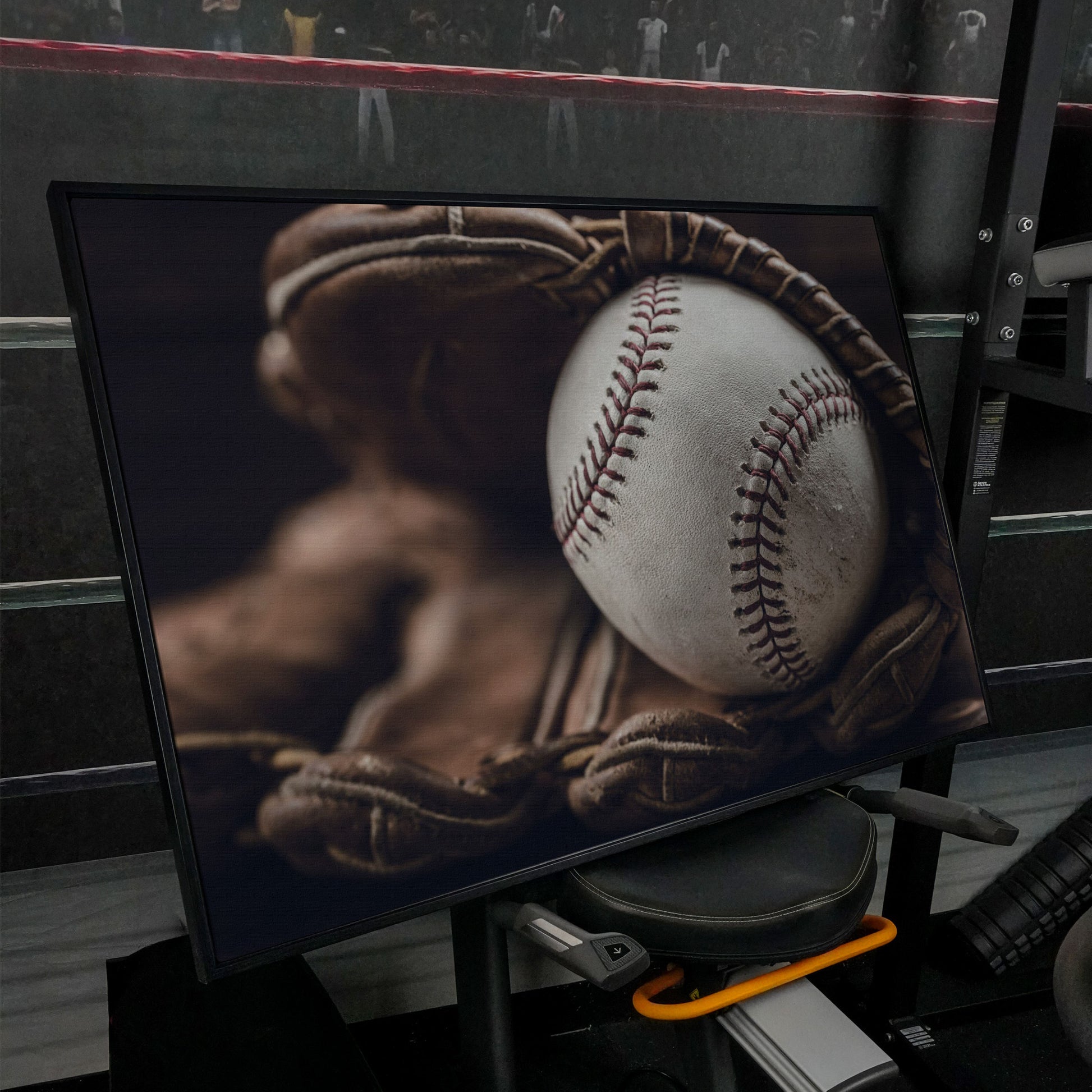Baseball Glove Close-Up Canvas Wall Art for Sports Rooms in black floating frame