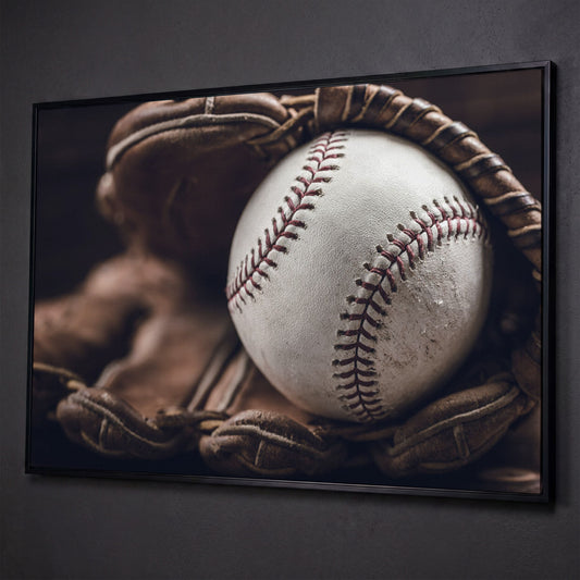 Baseball Glove Close-Up Canvas Wall Art for Sports Rooms shown in black floating frame