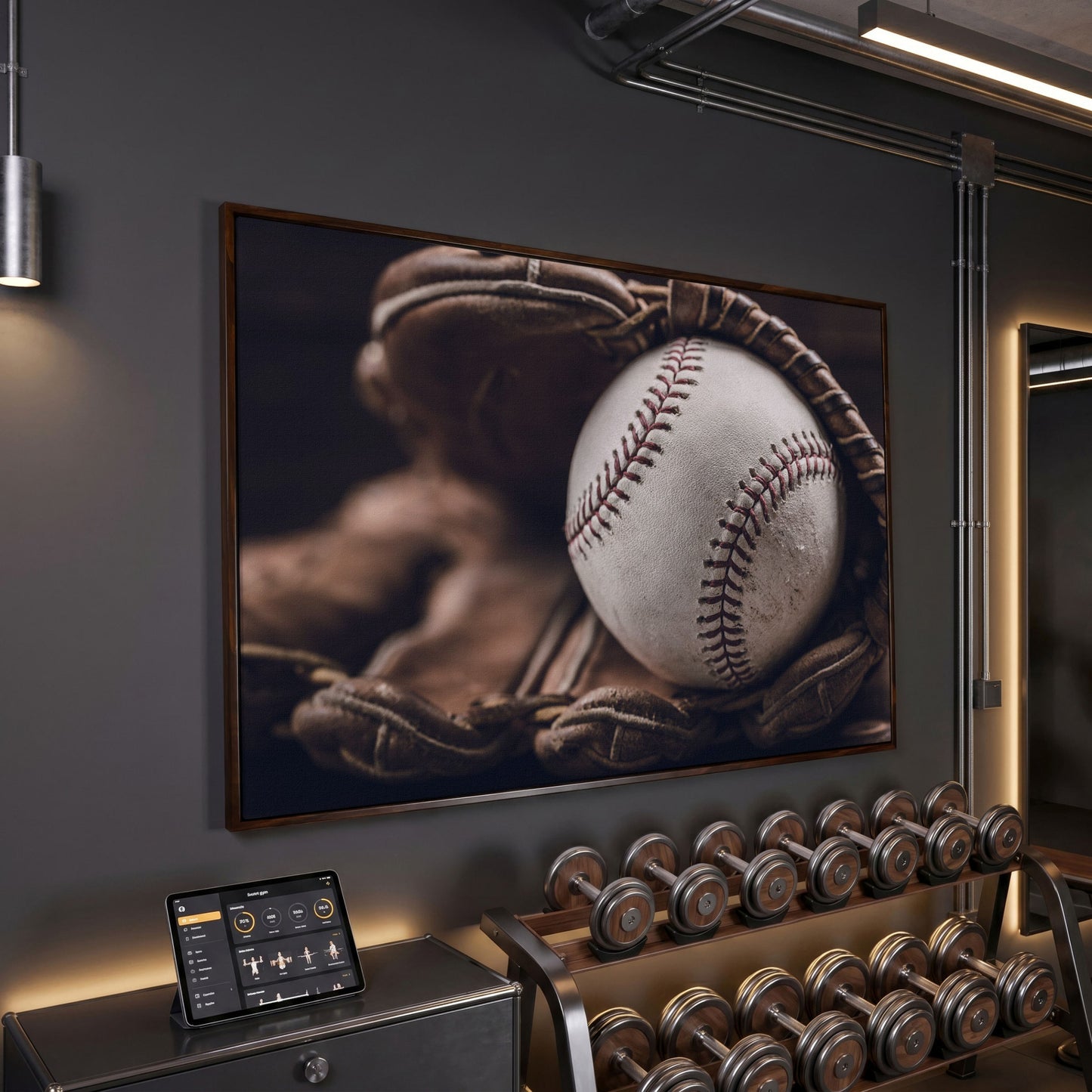 Baseball Glove Close-Up Canvas Wall Art for Sports Rooms in dark walnut floating frame