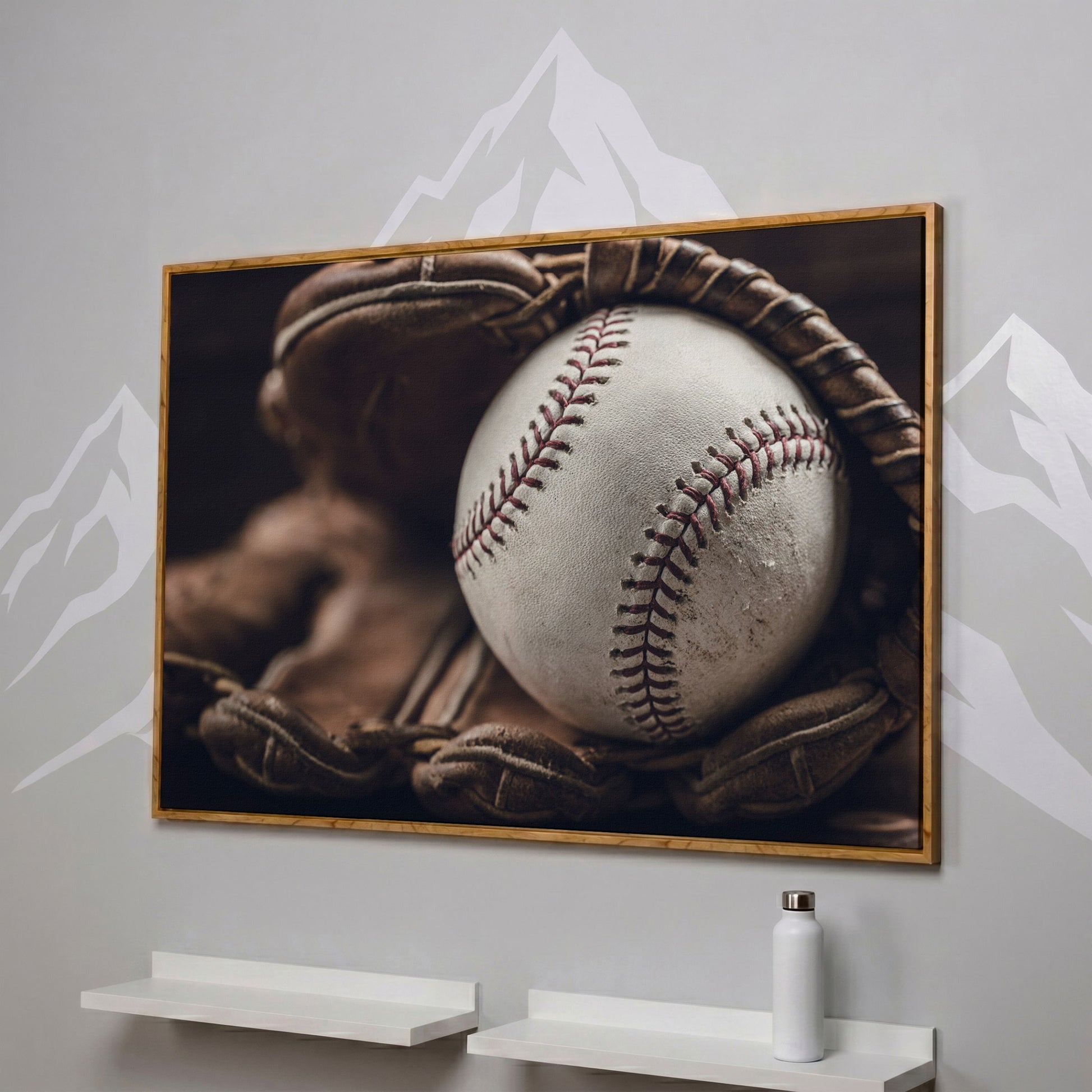 Baseball Glove Close-Up Canvas Wall Art for Sports Rooms in white oak floating frame