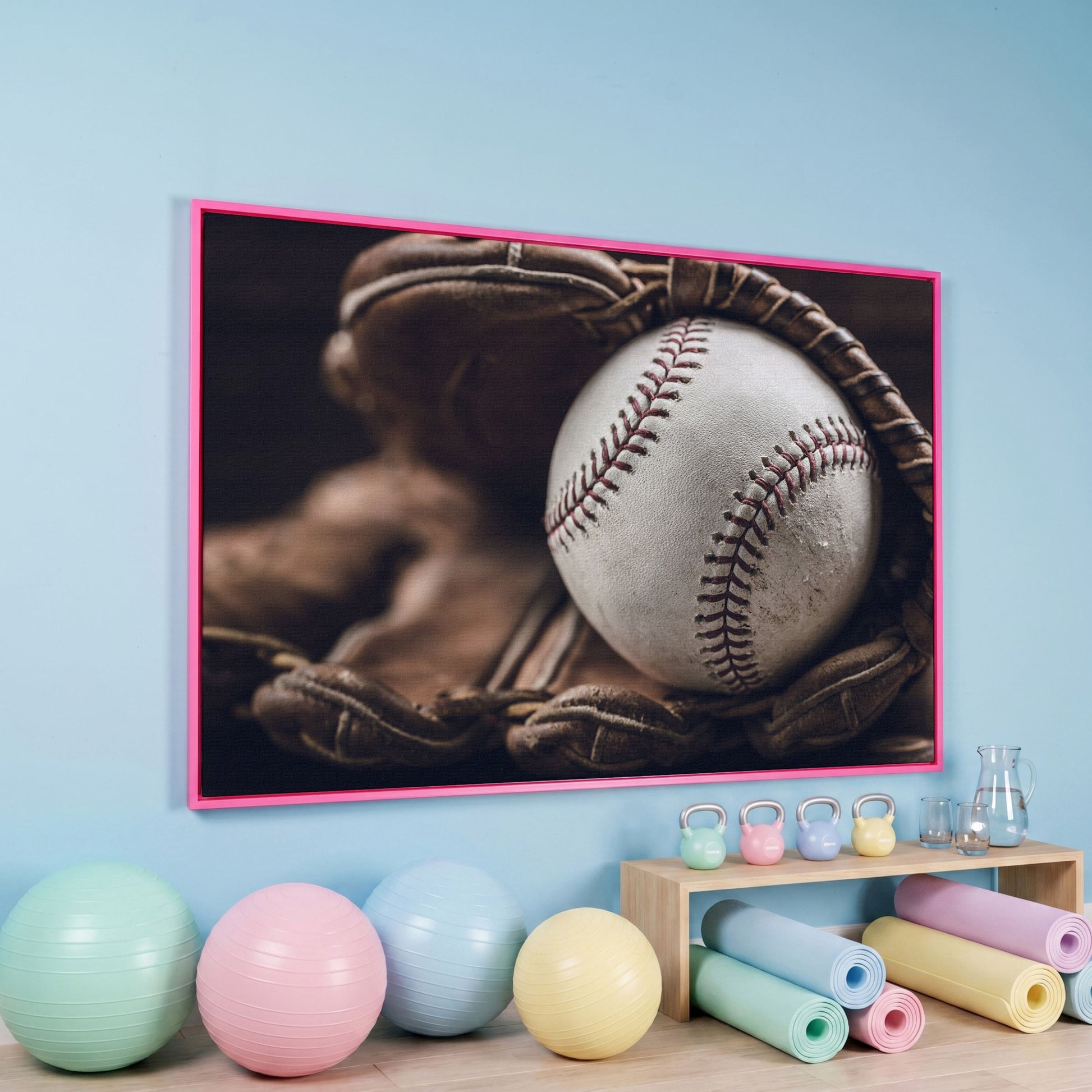 Baseball Glove Close-Up Canvas Wall Art for Sports Rooms in pink floating frame