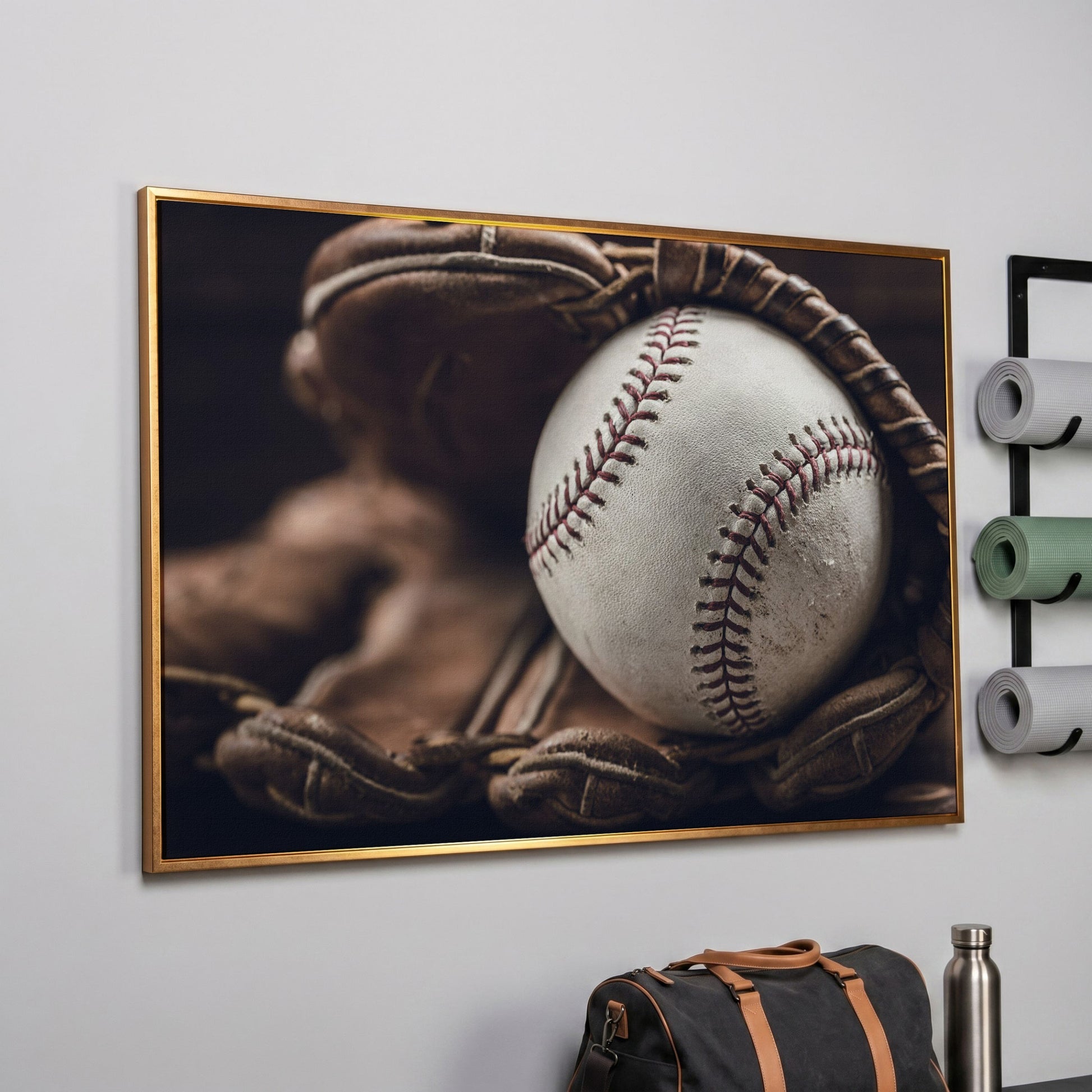 Baseball Glove Close-Up Canvas Wall Art for Sports Rooms in rose gold floating frame