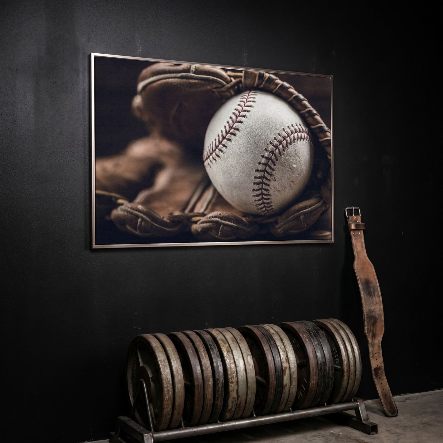 Baseball Glove Close-Up Canvas Wall Art for Sports Rooms in silver floating frame