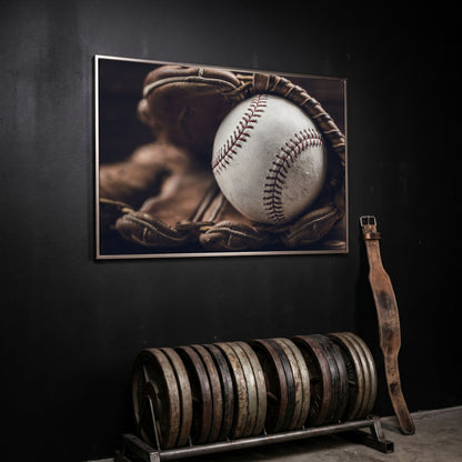 Baseball Glove Close-Up Canvas Wall Art for Sports Rooms in silver floating frame