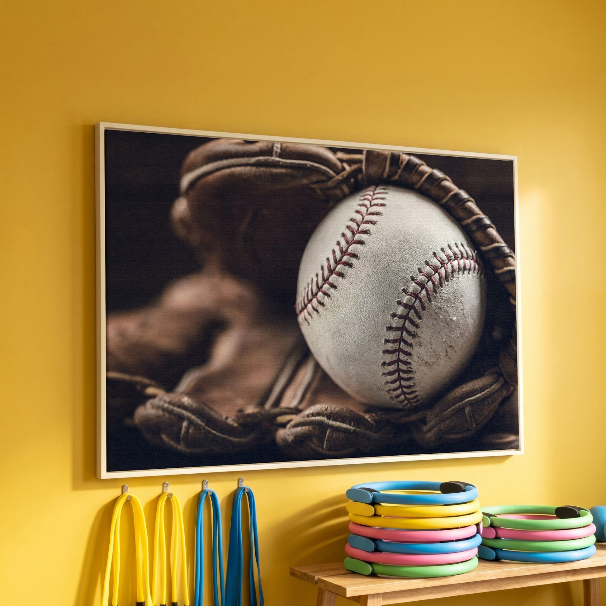Baseball Glove Close-Up Canvas Wall Art for Sports Rooms in white floating frame