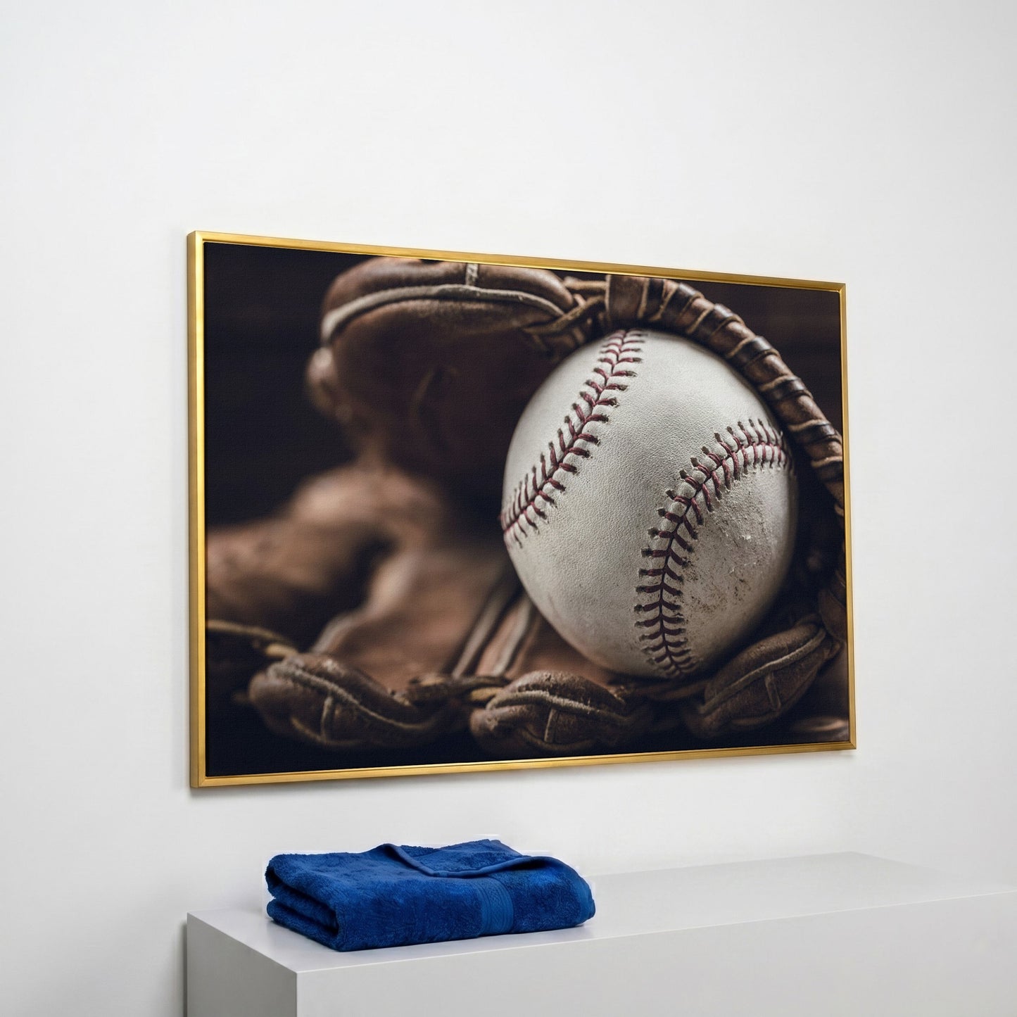 Baseball Glove Close-Up Canvas Wall Art for Sports Rooms in yellow gold floating frame