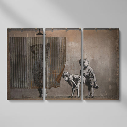 Banksy Boys Peeping Canvas Wall Art, Large Street Art Print as 3-panel split version