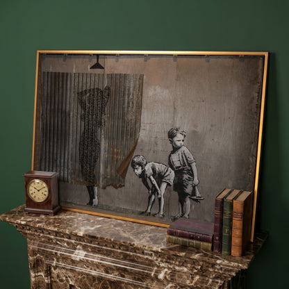 Banksy Boys Peeping Canvas Wall Art, Large Street Art Print in antique gold floating frame