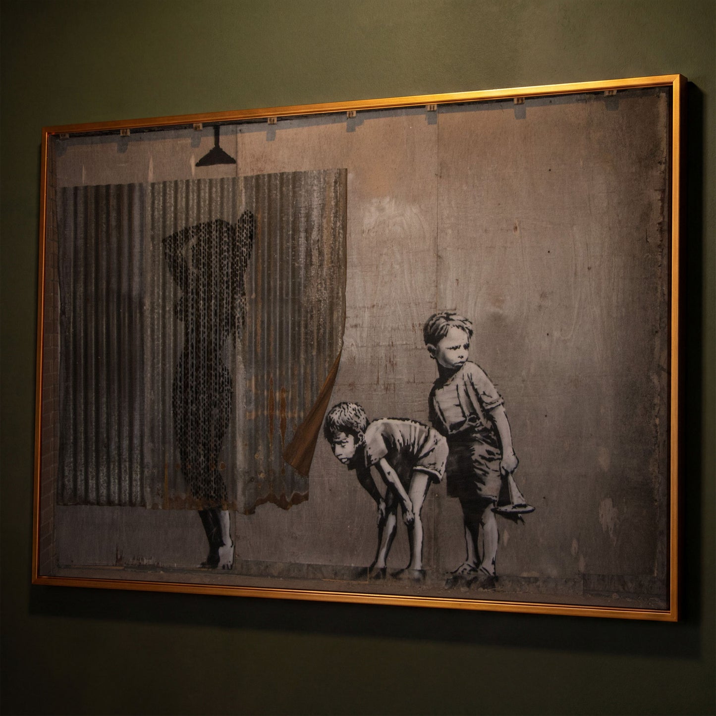 Banksy Boys Peeping Canvas Wall Art, Large Street Art Print shown in antique gold floating frame