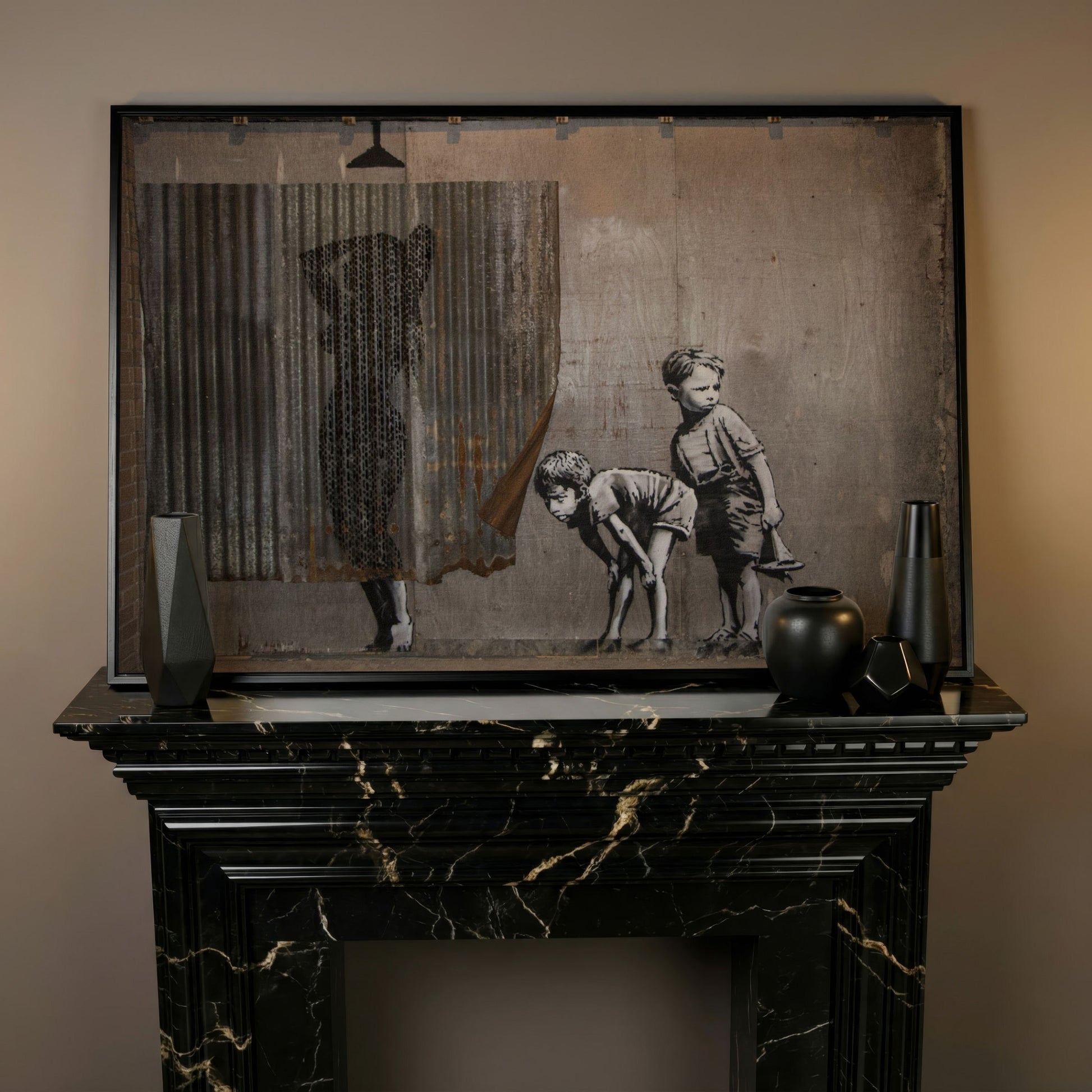Banksy Boys Peeping Canvas Wall Art, Large Street Art Print in black floating frame