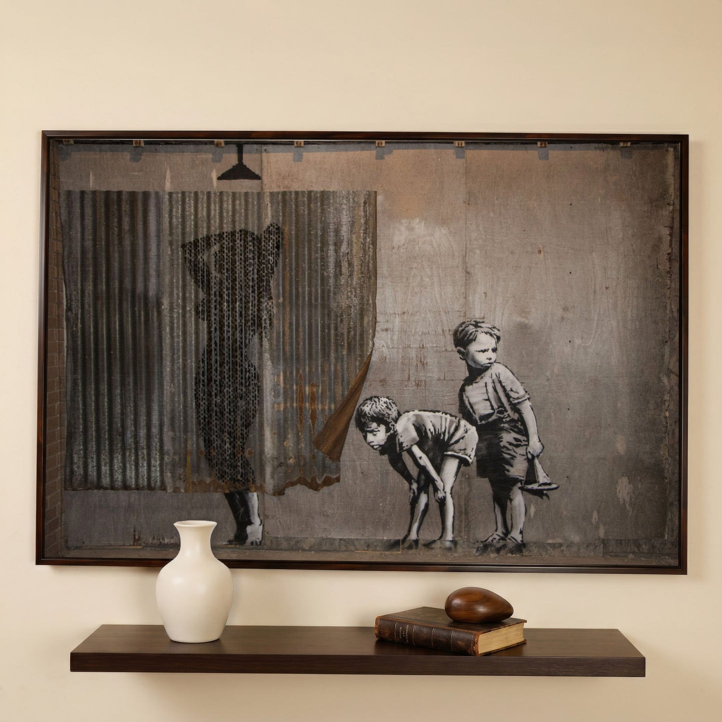 Banksy Boys Peeping Canvas Wall Art, Large Street Art Print in dark walnut floating frame