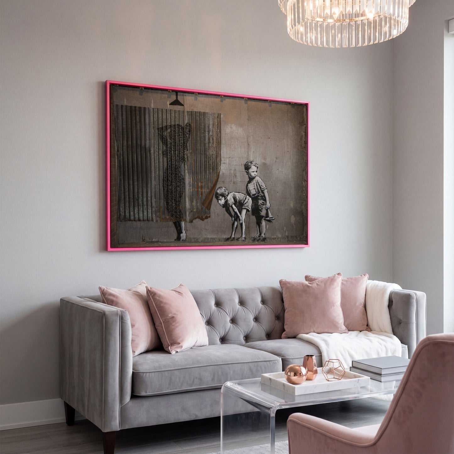 Banksy Boys Peeping Canvas Wall Art, Large Street Art Print in pink floating frame