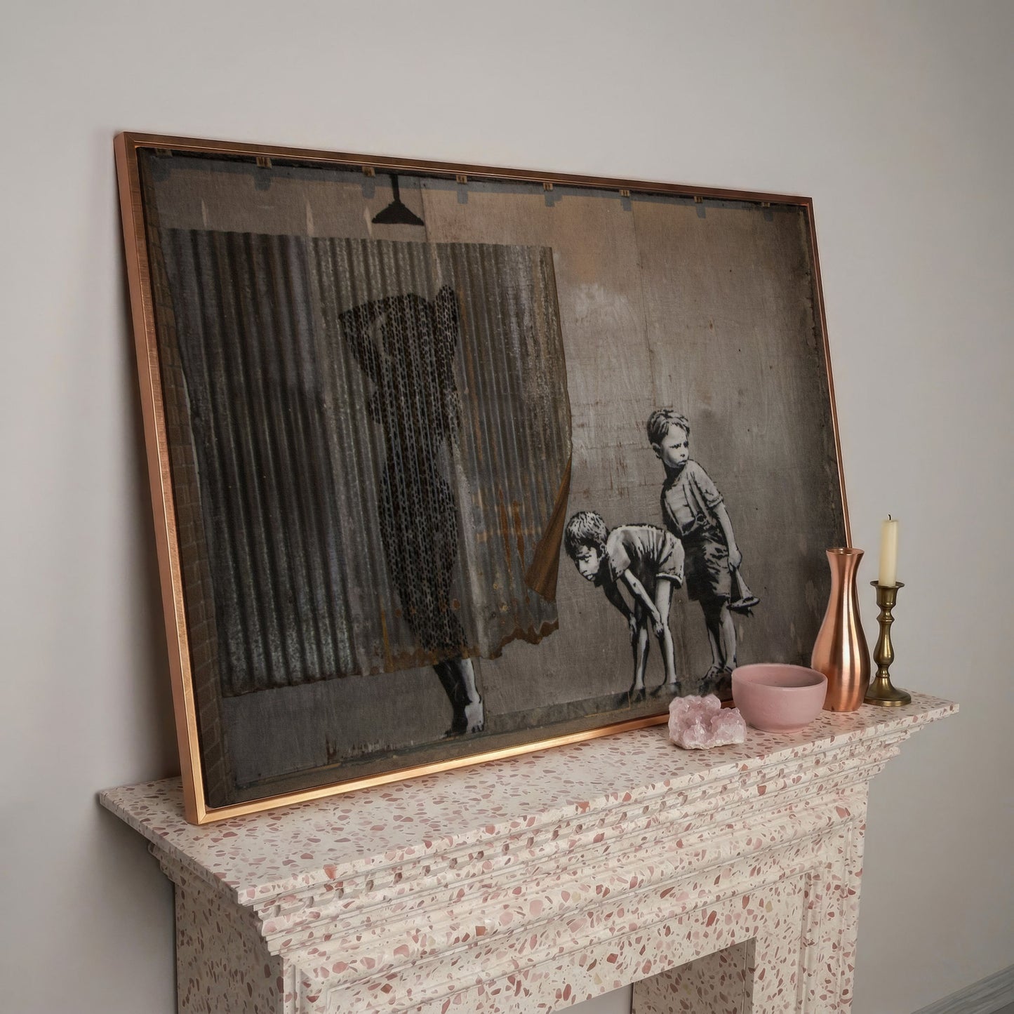 Banksy Boys Peeping Canvas Wall Art, Large Street Art Print in rose gold floating frame