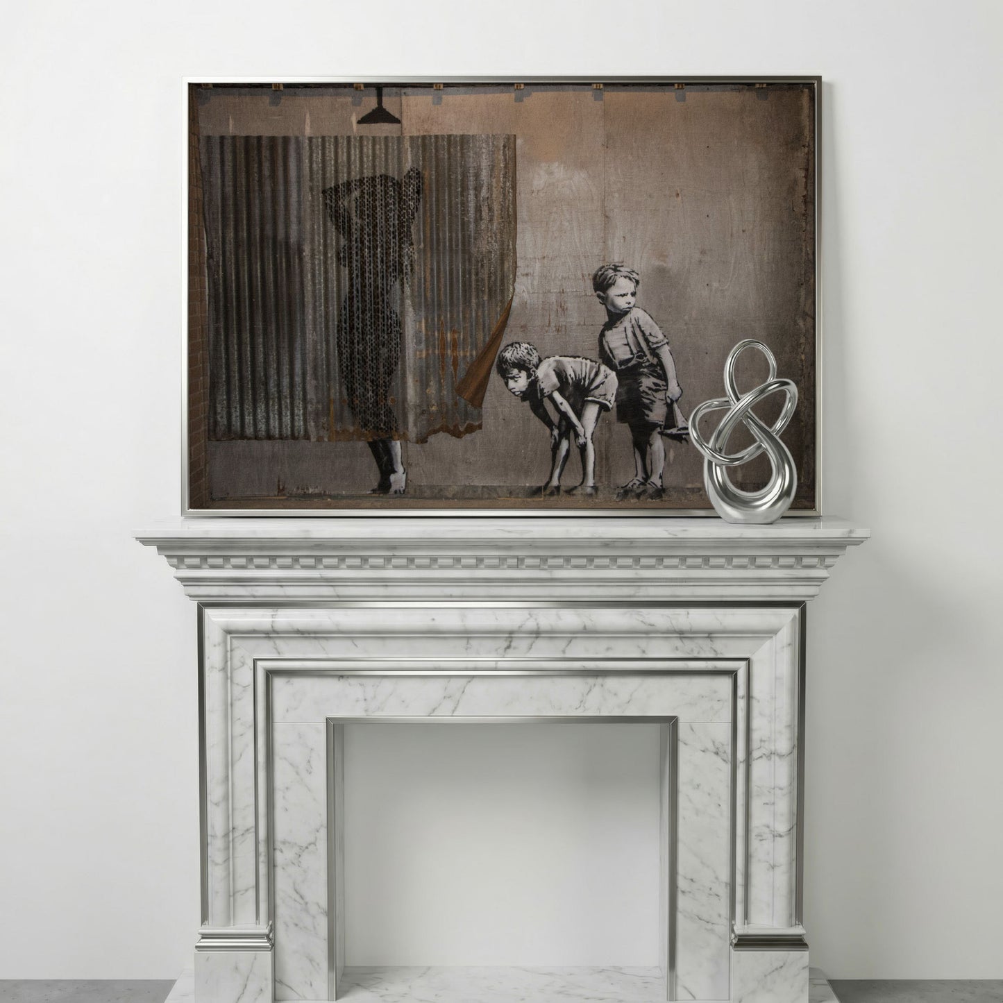 Banksy Boys Peeping Canvas Wall Art, Large Street Art Print in silver floating frame