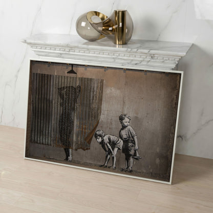 Banksy Boys Peeping Canvas Wall Art, Large Street Art Print in white floating frame