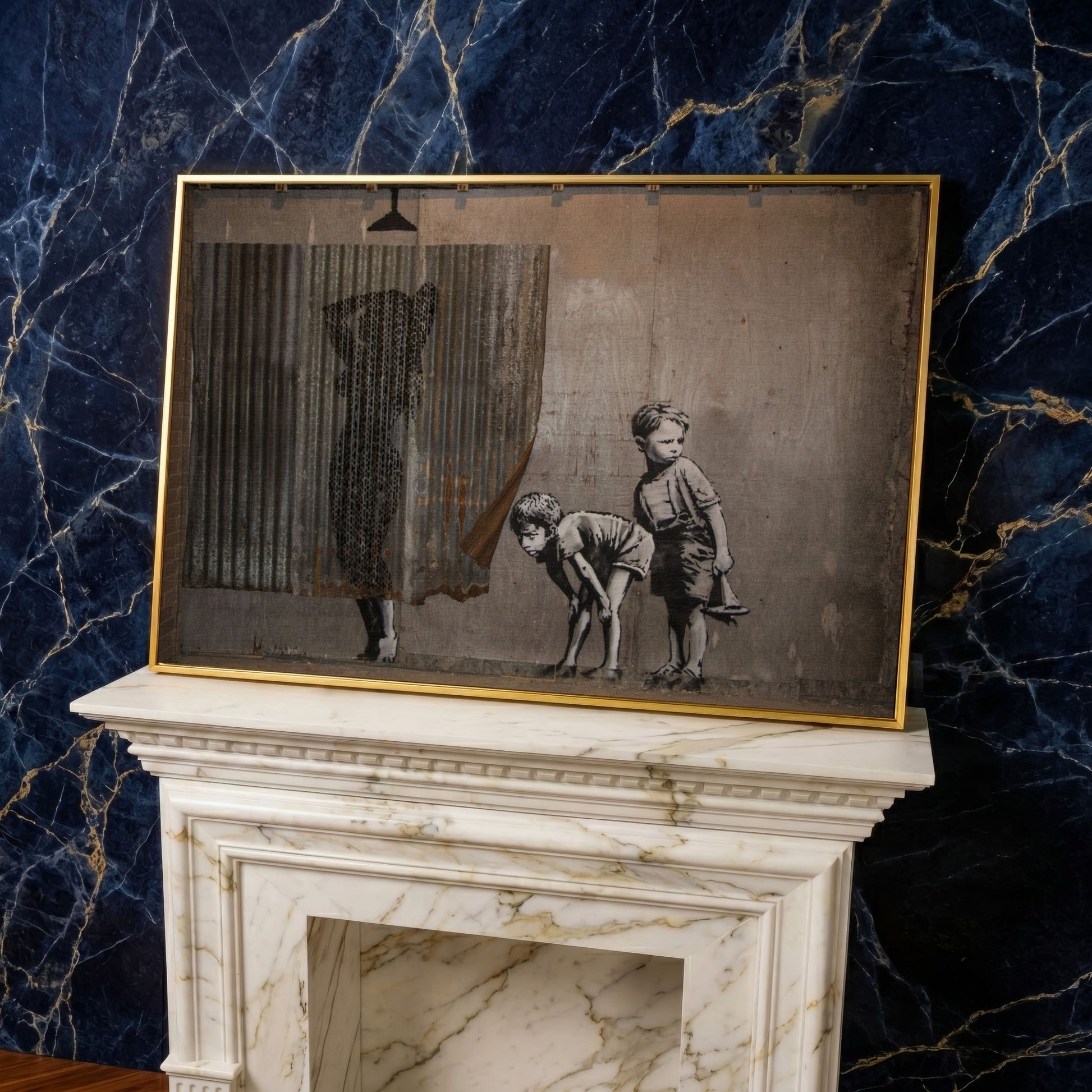 Banksy Boys Peeping Canvas Wall Art, Large Street Art Print in yellow gold floating frame