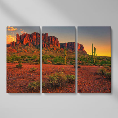 Saguaro Sunset: Arizona Desert Canyon Canvas Wall Art as 3-panel split version