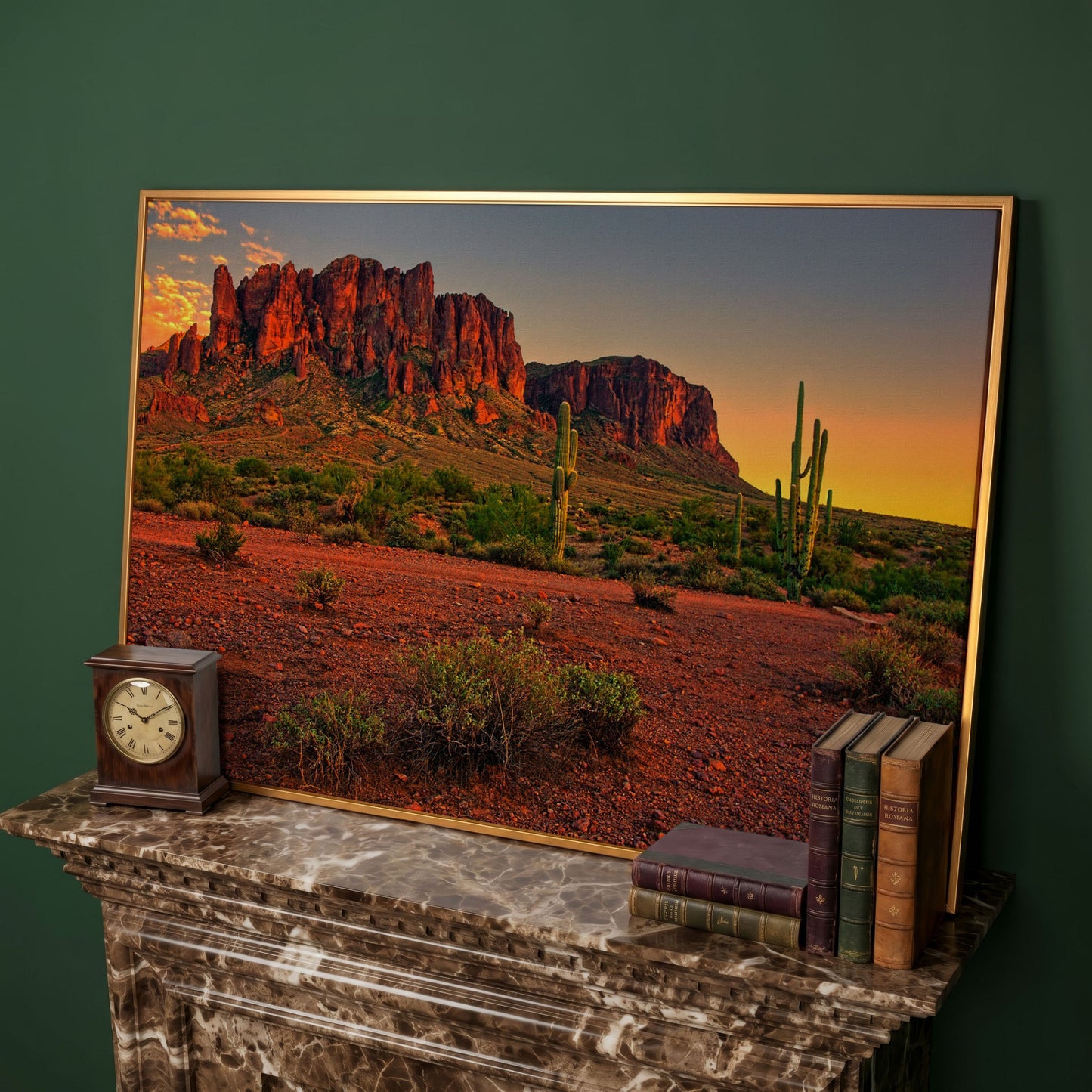 Saguaro Sunset: Arizona Desert Canyon Canvas Wall Art in antique gold floating frame