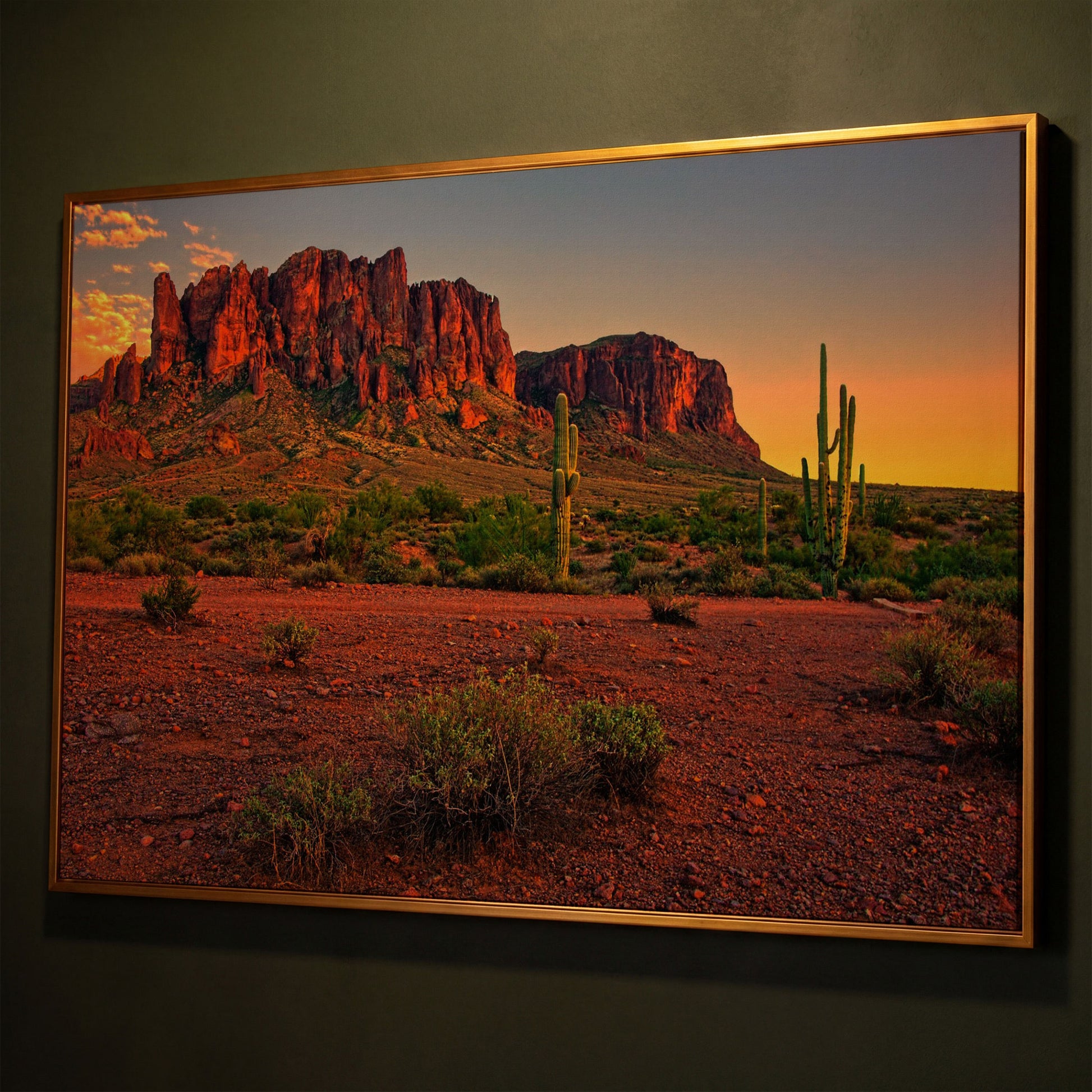 Saguaro Sunset: Arizona Desert Canyon Canvas Wall Art shown in antique gold floating frame