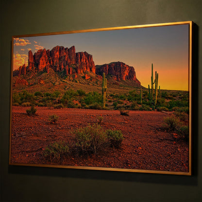 Saguaro Sunset: Arizona Desert Canyon Canvas Wall Art shown in antique gold floating frame