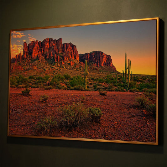 Saguaro Sunset: Arizona Desert Canyon Canvas Wall Art shown in antique gold floating frame