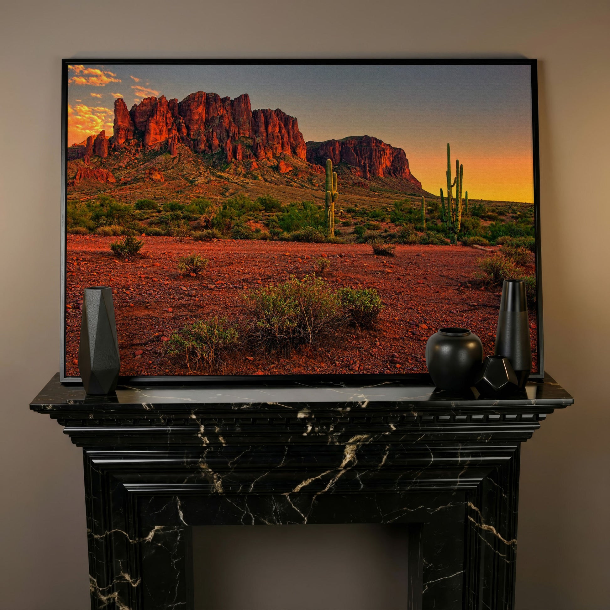 Saguaro Sunset: Arizona Desert Canyon Canvas Wall Art in black floating frame