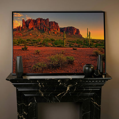 Saguaro Sunset: Arizona Desert Canyon Canvas Wall Art in black floating frame