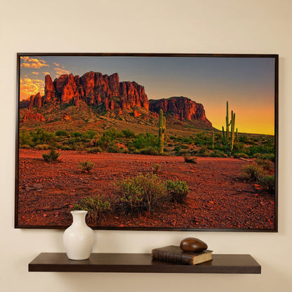 Saguaro Sunset: Arizona Desert Canyon Canvas Wall Art in dark walnut floating frame