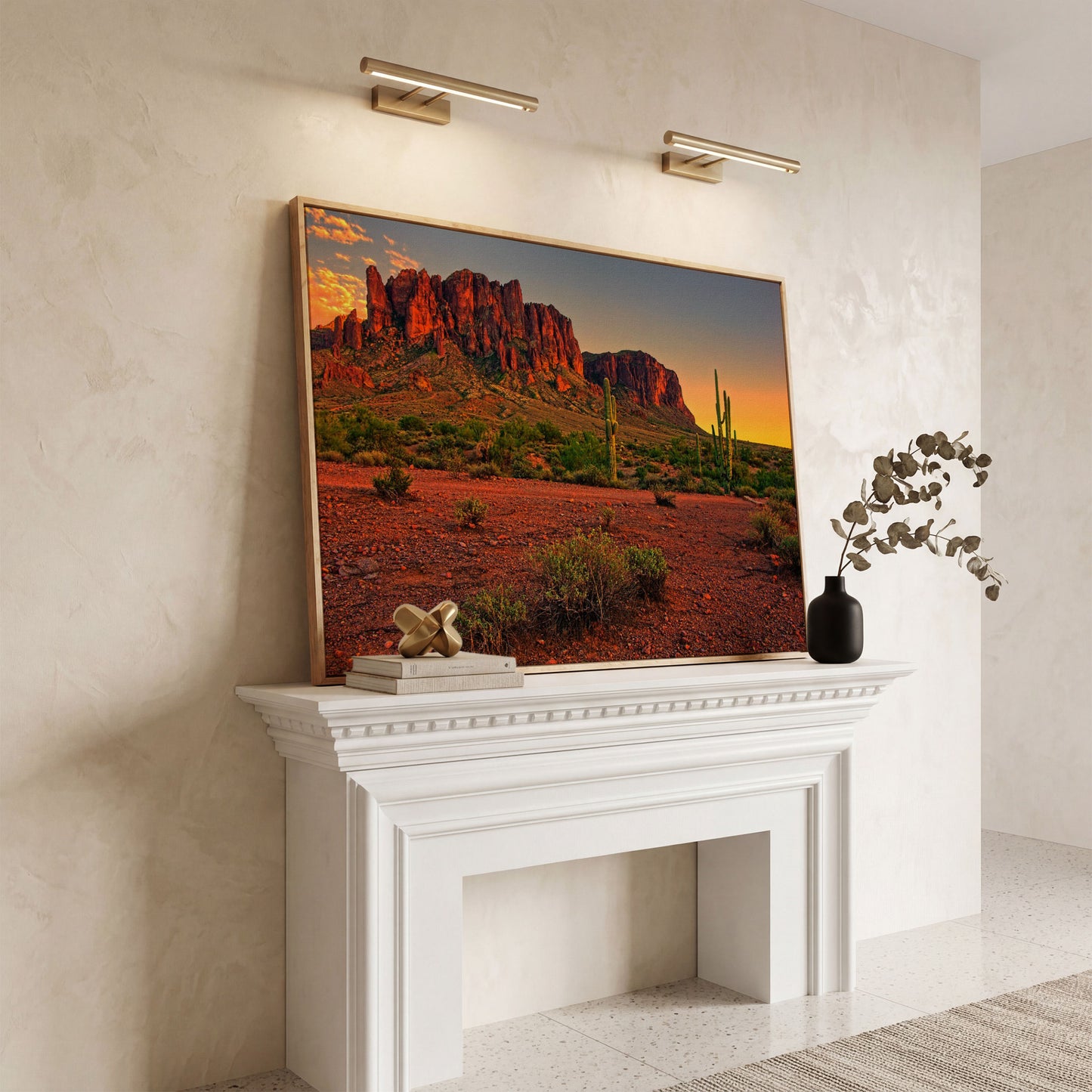 Saguaro Sunset: Arizona Desert Canyon Canvas Wall Art in white oak floating frame
