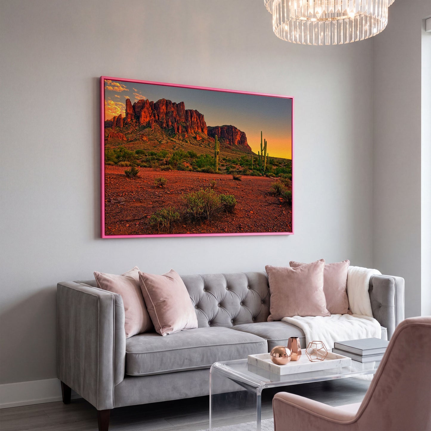Saguaro Sunset: Arizona Desert Canyon Canvas Wall Art in pink floating frame