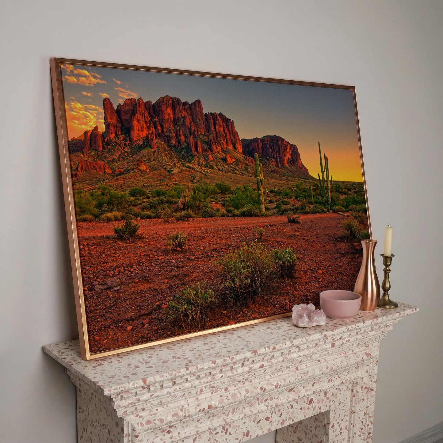 Saguaro Sunset: Arizona Desert Canyon Canvas Wall Art in rose gold floating frame