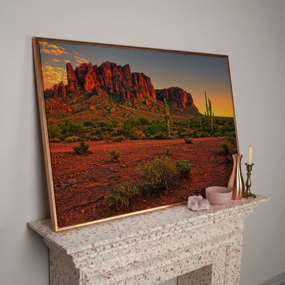 Saguaro Sunset: Arizona Desert Canyon Canvas Wall Art in rose gold floating frame