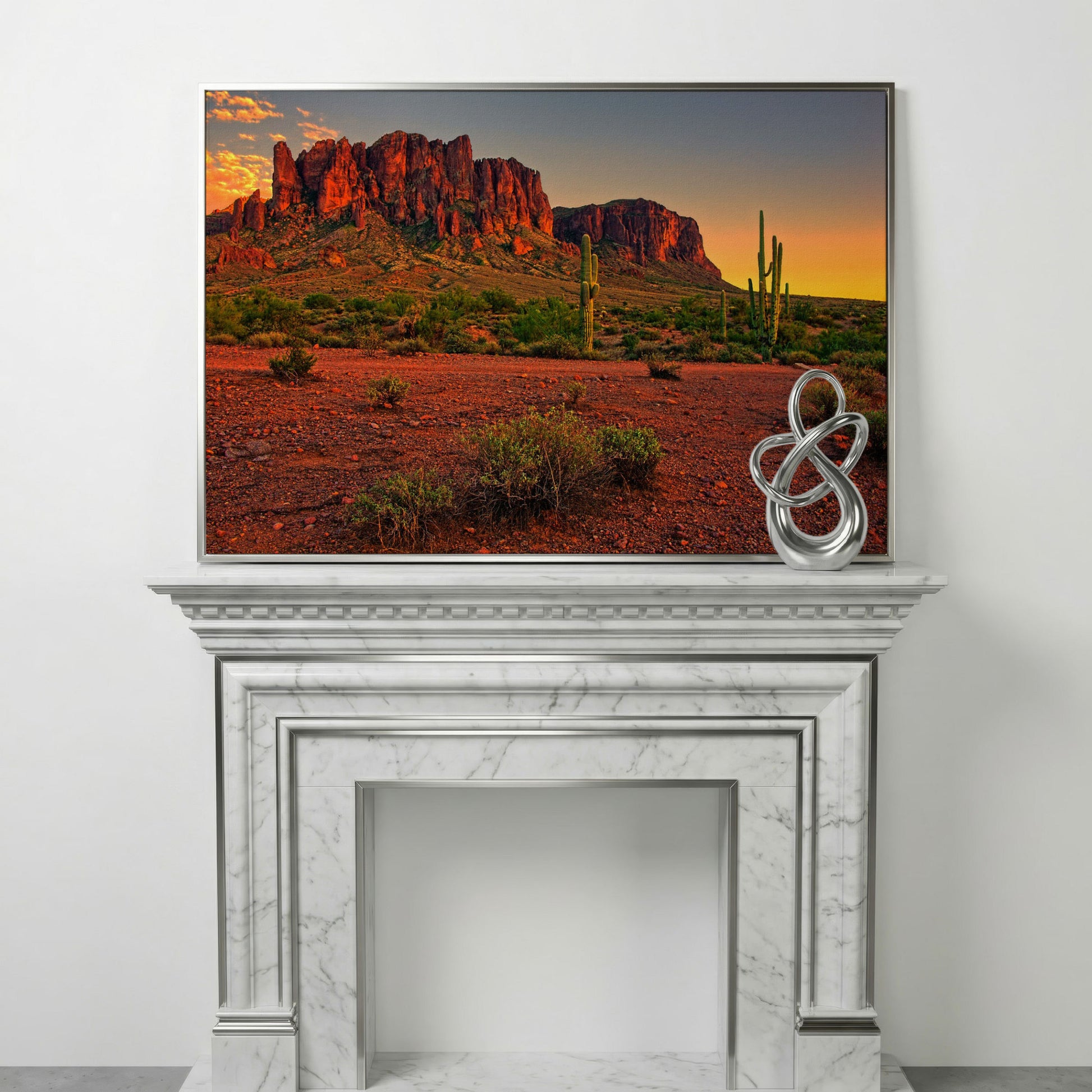 Saguaro Sunset: Arizona Desert Canyon Canvas Wall Art in silver floating frame
