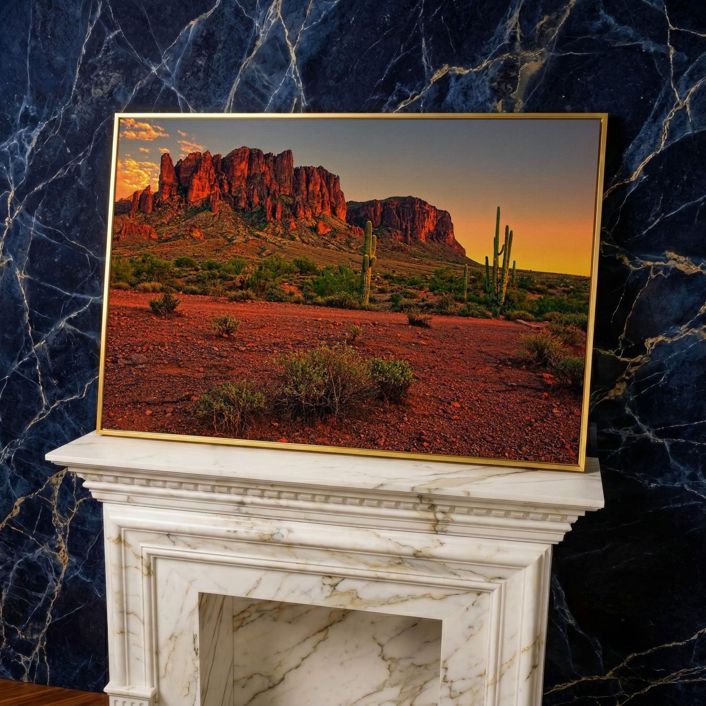 Saguaro Sunset: Arizona Desert Canyon Canvas Wall Art in yellow gold floating frame