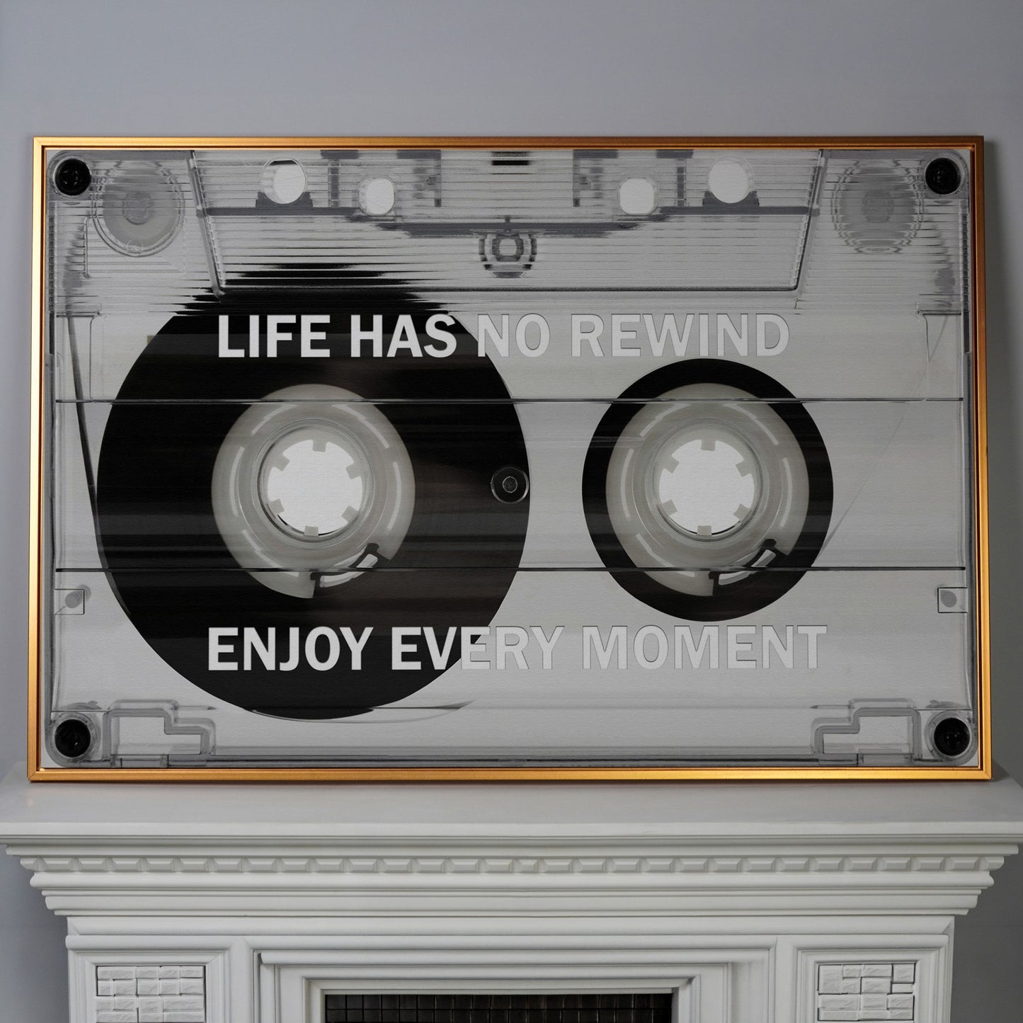 Cassette Tape Motivational Quote Canvas Wall Art in antique gold floating frame